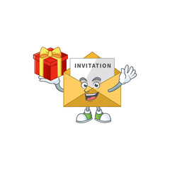 Invitation message cartoon mascot concept design with a red box of gift