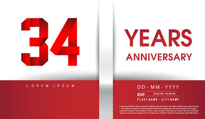 34th Years Anniversary celebration logo, flat design isolated on red and white background, vector elements for banner, invitation card and birthday party.