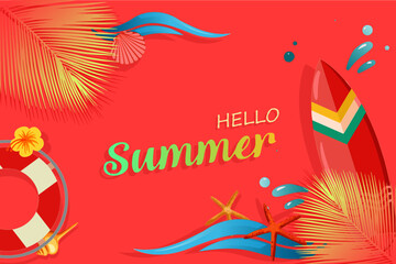 Hello Summer tropical pink pastel color concept with surfboard, life buoy, starfish, seashell, wave, flower and plam leaf and the beach. For template, banner, billboard, label tag summer sale.