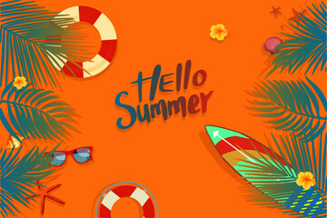 Fototapeta na wymiar Hello Summer tropical orange pastel color concept with surfboard, life buoy, starfish, seashell, sunglasses, flower and plam leaf at the beach. For template, banner, billboard, label tag summer sale.