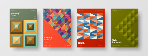 Fototapeta premium Company identity brochure template collection. Business presentation vector A4 vertical orientation front page mock up set. Corporate report cover abstract geometric illustration design layout bundle.