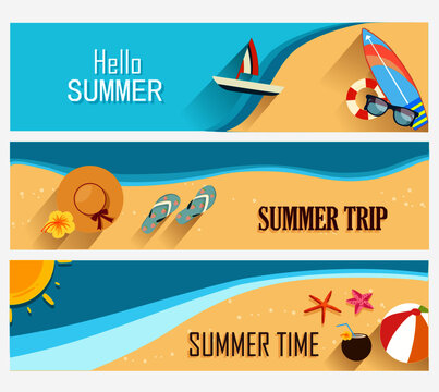 Hello Summer holidays banners design. With boat, life buoy, surfboard, glasses, flip flop, hat,flower, starfish, coconut fruit amd ball at the beach. Invitation to templates, banners, postcard, label.