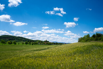 Blauer Himmel und Schloss Blick mit Landwirtschaft Getreide im Vordergrund
