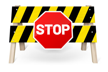 Wooden striped stop barrier and metal STOP sign