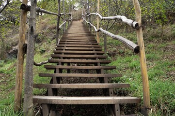 
A staircase with wooden steps and railings rises uphill.