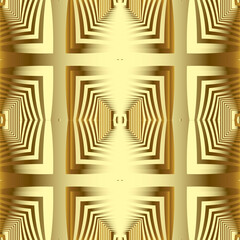 Gold geometric 3d vector seamless pattern. Radial squares background. Repeat surface square shapes backdrop. Golden stripes, lines, geometrical shapes. Abstract textured ornament. Endless texture