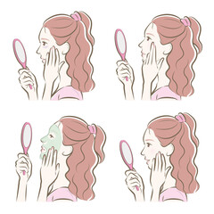 スキンケアをしている女性のイラスト