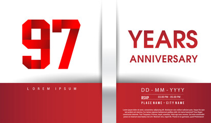 97th Years Anniversary celebration logo, flat design isolated on red and white background, vector elements for banner, invitation card and birthday party.