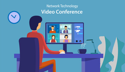 Online Virtual Meetings, Work from Home WFH During Coronavirus COVID-19 Pandemic Outbreak. Teleconference TV Video Conference Webinars or Remote Working. Enterprise Web Cloud Service Software Concept