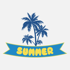 Fototapeta na wymiar Summer logo template with hand lettering. Emblem, sticker, badge. Summer illustration with a palm tree.