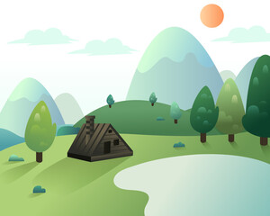 Fototapeta premium cartoon and digital craft style of country house in the forest and ecology green forest.