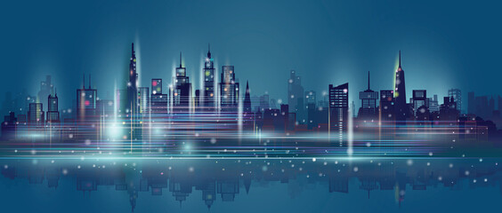 Technology neon in downtown skyscraper background.