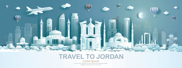 Travel architecture landmark of Jordan with modern building, monument, ancient. - obrazy, fototapety, plakaty