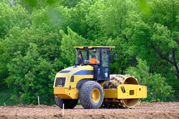 Soil Skating Rink, Road Roller Making New Highway. Heavy Industrial Machine Working on Construction New Road