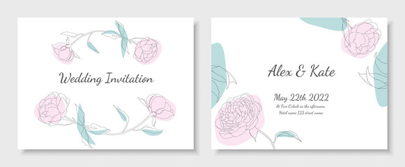 Fototapeta na wymiar Floral wedding card template with pink peonies. Vector illustration