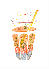 Glass with lemonade, summer fantasy painted by watercolor