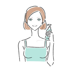 メイク落としのクレンジングを持っている若い女性のイラスト。