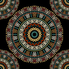 Fototapeta na wymiar Tribal round mandalas vector seamless pattern. Colorful ornamental ethnic background. Repeat floral backdrop. Greek style circles ornament. Geometric ornate design. Flowers, shapes, mazes, curves