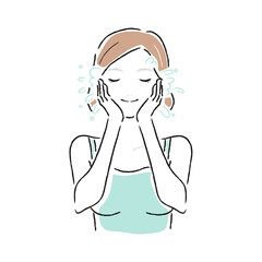 パシャパシャ洗顔をしてる若い女性のイラスト。