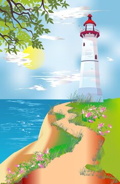 composition with a lighthouse that is located on a hill above the sea