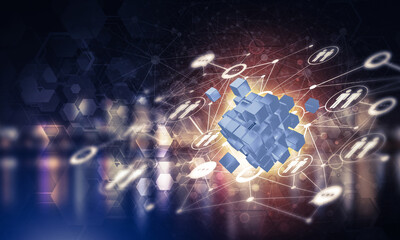 Obraz premium Concept of Internet and networking with digital cube figure on dark background