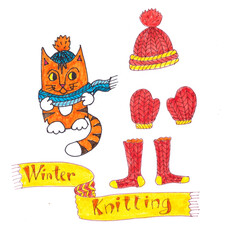 graphic color drawing set of a red ginger cat in a knitted blue scarf and knitted hat, knitted hat, mittens, socks. winter knitting lettering,