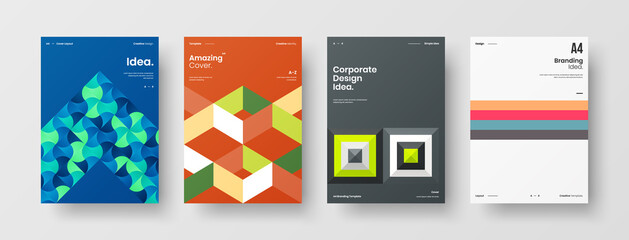 Company identity brochure template collection. Business presentation vector A4 vertical orientation front page mock up set. Corporate report cover abstract geometric illustration design layout bundle.