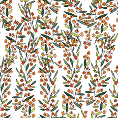seamless pattern of branches with narrow long leaves and orange flowers on a white background. graphic drawing.