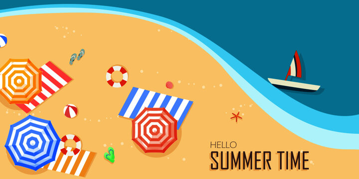 Hello Summer holidays banners design. With umbrella, lifebuoy, map, flip flop, ball, boat, starfish and seashell top view at the beach. Invitation to templates, banners, postcard, label.