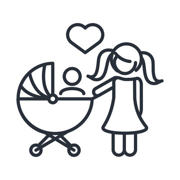 little daughter with baby in pram family day, icon in outline style