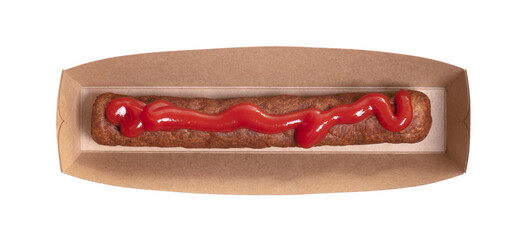 One frikadel with ketchup, a Dutch fast food snack