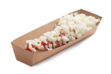 One frikadel with ketchup, mayonnaise on chopped onions, a Dutch fast food snack called 'frikadel speciaal'