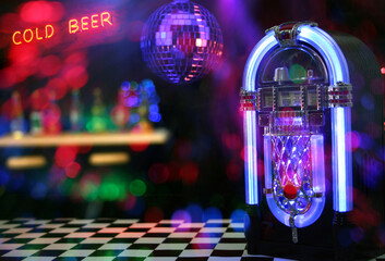 Jukebox in Bar With Neon Sign, Miniature Jukebox Speaker Photo Composite