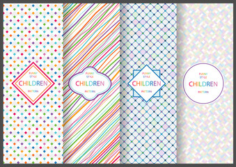 Colorful Seamless Patterns with Bright Geometry Shapes for Children - Set of Four Graphic Illustrations, Vector