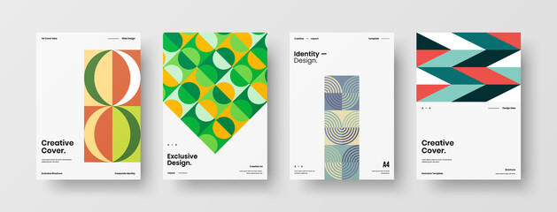 Fototapeta premium Company identity brochure template collection. Business presentation vector A4 vertical orientation front page mock up set. Corporate report cover abstract geometric illustration design layout bundle.