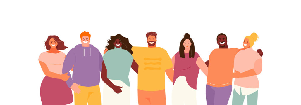 Group of hugging multiethnic people. Friendship and Youth Vector Characters