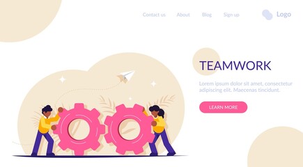 Teamwork with gears. Business management and working process conceptual illustration. Modern flat vector illustration.
