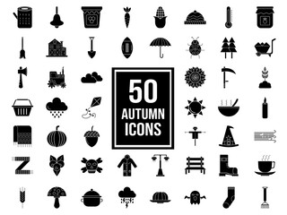 50 Autumn Icon Set in Black and White Color.