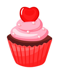 
Pink cupcake with cream and decoration. Cute vector illustration in cartoon style. isolated on white background