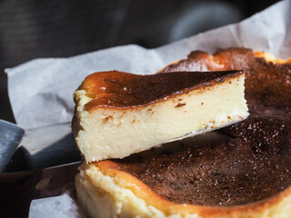 Close up piece of Basque Burnt Cheesecake.