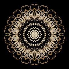 Textured floral round gold mandala pattern. Ornamental tapestry vector background. Embroidery round lace ornaments. Embroidered golden vintage flowers, leaves. Grunge texture. Ornate lacy design