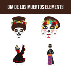 Obraz na płótnie Canvas Set of Catrina dancing with Skeleton Man Holding Drum and Sugar Skull Head For Dia De Los Muertos.