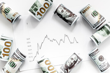 Stock market chart with US dollars banknote top view