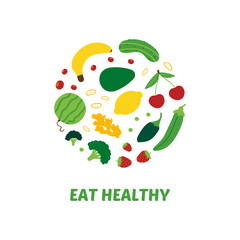 Eat healthy round cartoon style illustration with fruits and vegetables. Watermelon, banana, avocado, cherry, strawberry, green pea, ginger, lemon, broccoli, chili pepper, cucumber.
