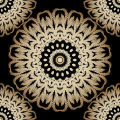 Textured floral round gold mandalas seamless pattern. Tapestry vector background. Embroidery round lace ornaments. Embroidered golden vintage flowers, leaves. Grunge texture. Ornate lacy design