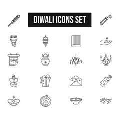 Black Outline Diwali Icon Set on White Background.
