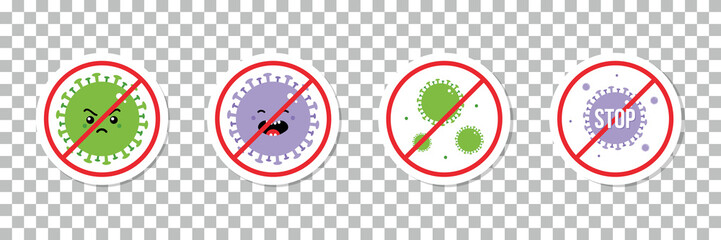 Set, collection of cartoon style vector stickers, round signs with virus, coronavirus, bacteria characters.
