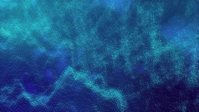 Futuristic blue particle wave. 4K Abstract blue motion background. data transfer particle effect. a sea of glowing neon particles pulse and wave across the screen. Data cloud effect.