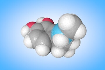 Space-filling molecular model of epinephrine. Atoms are represented as spheres with color coding: carbon (grey), oxygen (red), nitrogen (blue), hydrogen (white). 3d illustration