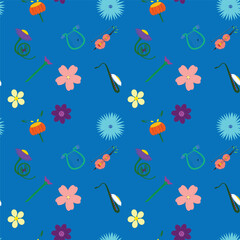 Fototapeta na wymiar Seamless pattern with abstract flowers notes, many different musical instruments lira, drum, saxophone , pipe, french horn on blue background. Concepts: natural, music in the air, summer, spring, 